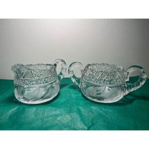 AMERICAN BRILLANT CUT GLASS SUGAR BOWL & CREAMER WITH‎ ETCHED FLOWERS